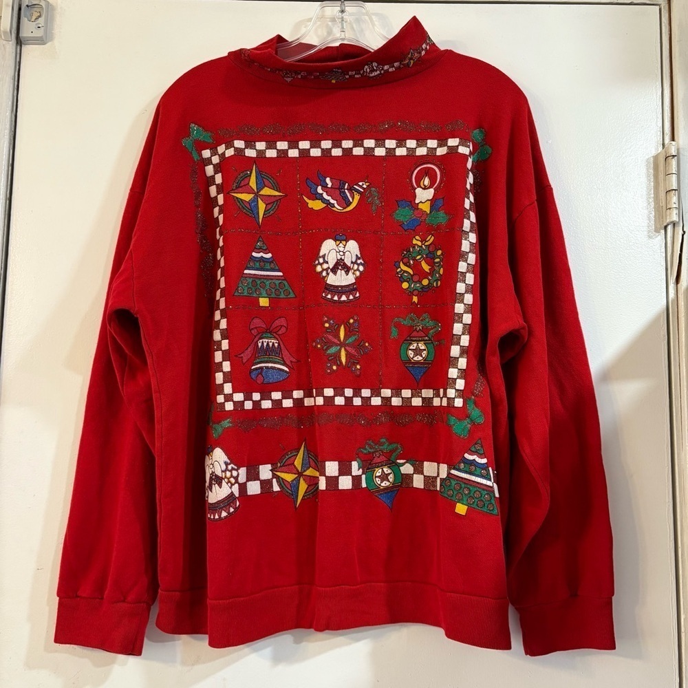 Vintage USA Nutcracker Graphic Christmas Sweater Red Holiday Bow Wreath Glitter